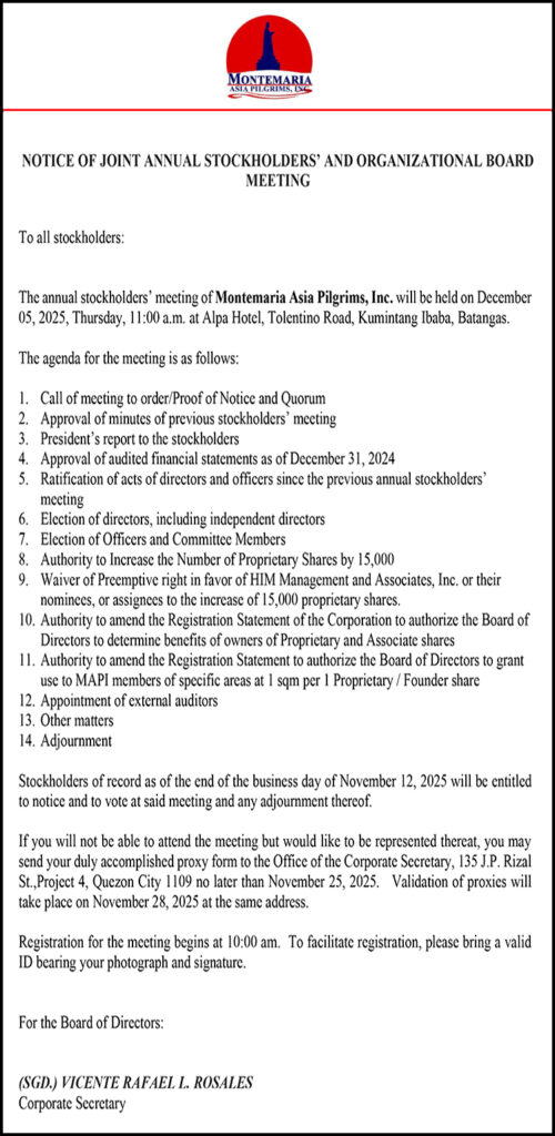 Montemaria Asia Pilgrims, Inc. terrà la riunione annuale degli azionisti e del consiglio di organizzazione il 5 dicembre